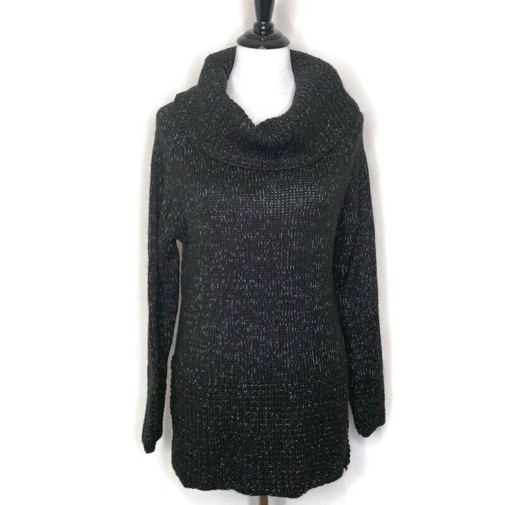 DKNY Chunky Knit Cowl Neck Sweater Womens S Black Long Sleeve Cozy Split Sides‎